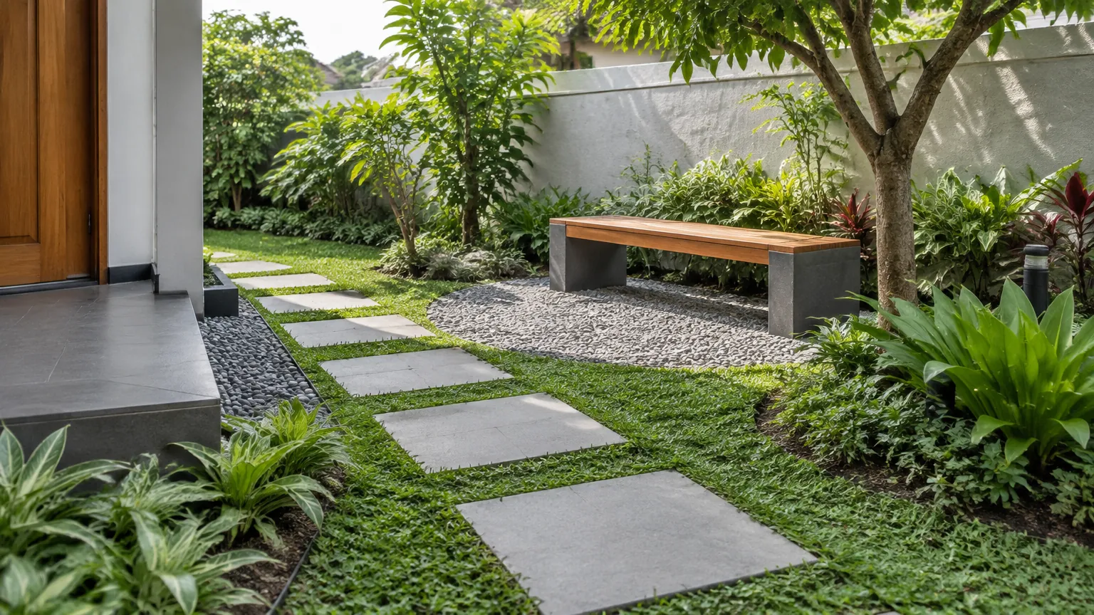 Jalur pijakan batu melintasi halaman rumput