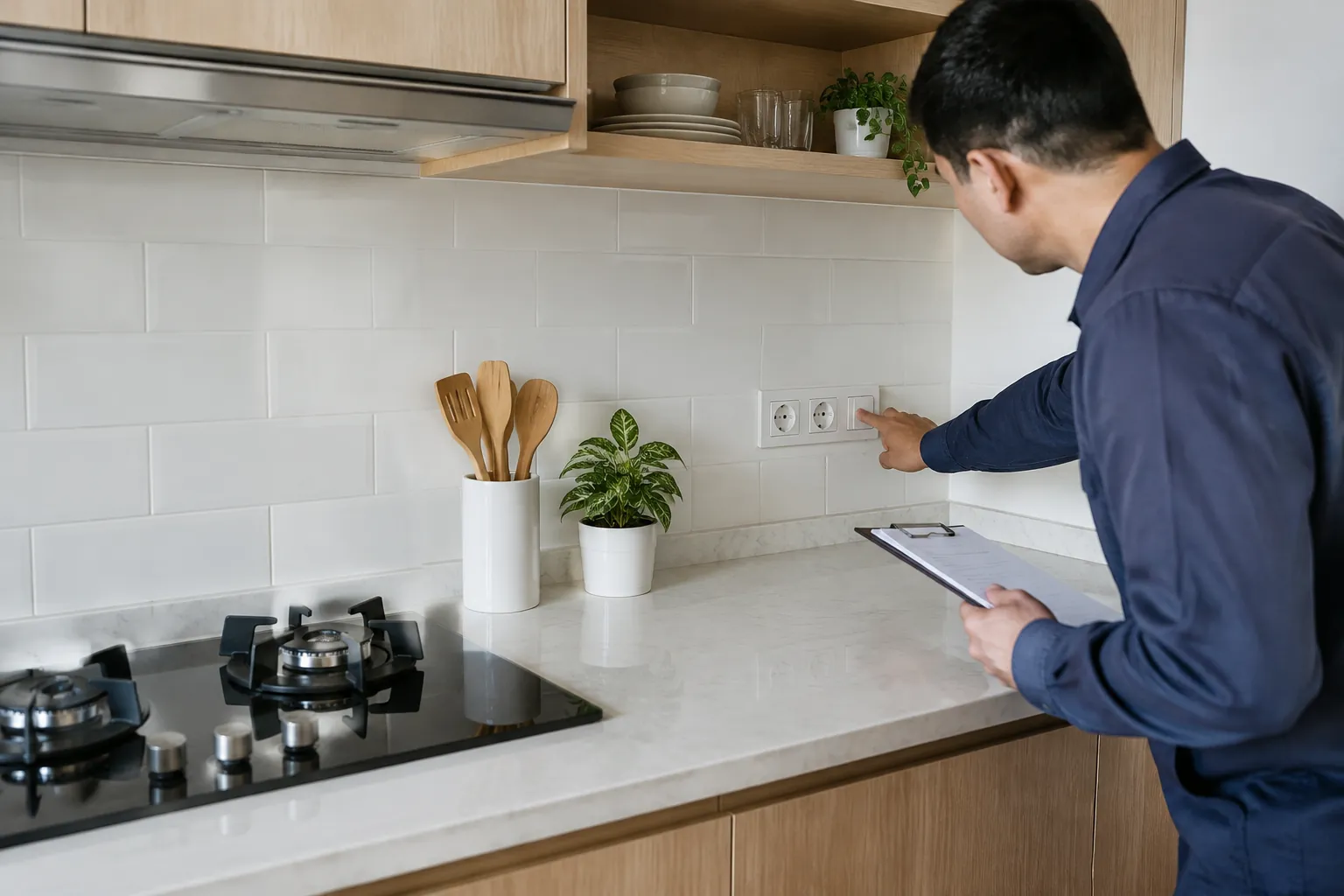 Seseorang memeriksa lokasi stopkontak di atas meja dapur