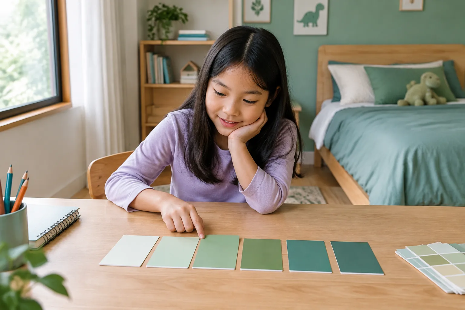 Seorang anak membandingkan beberapa contoh warna hijau di meja