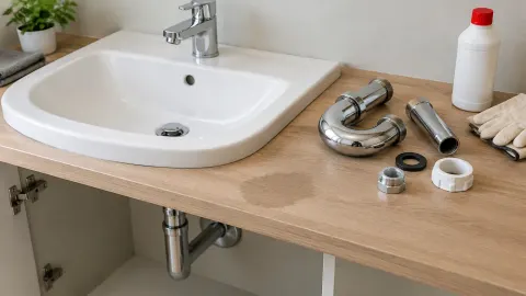 Wastafel dan komponen sambungan pipa di meja