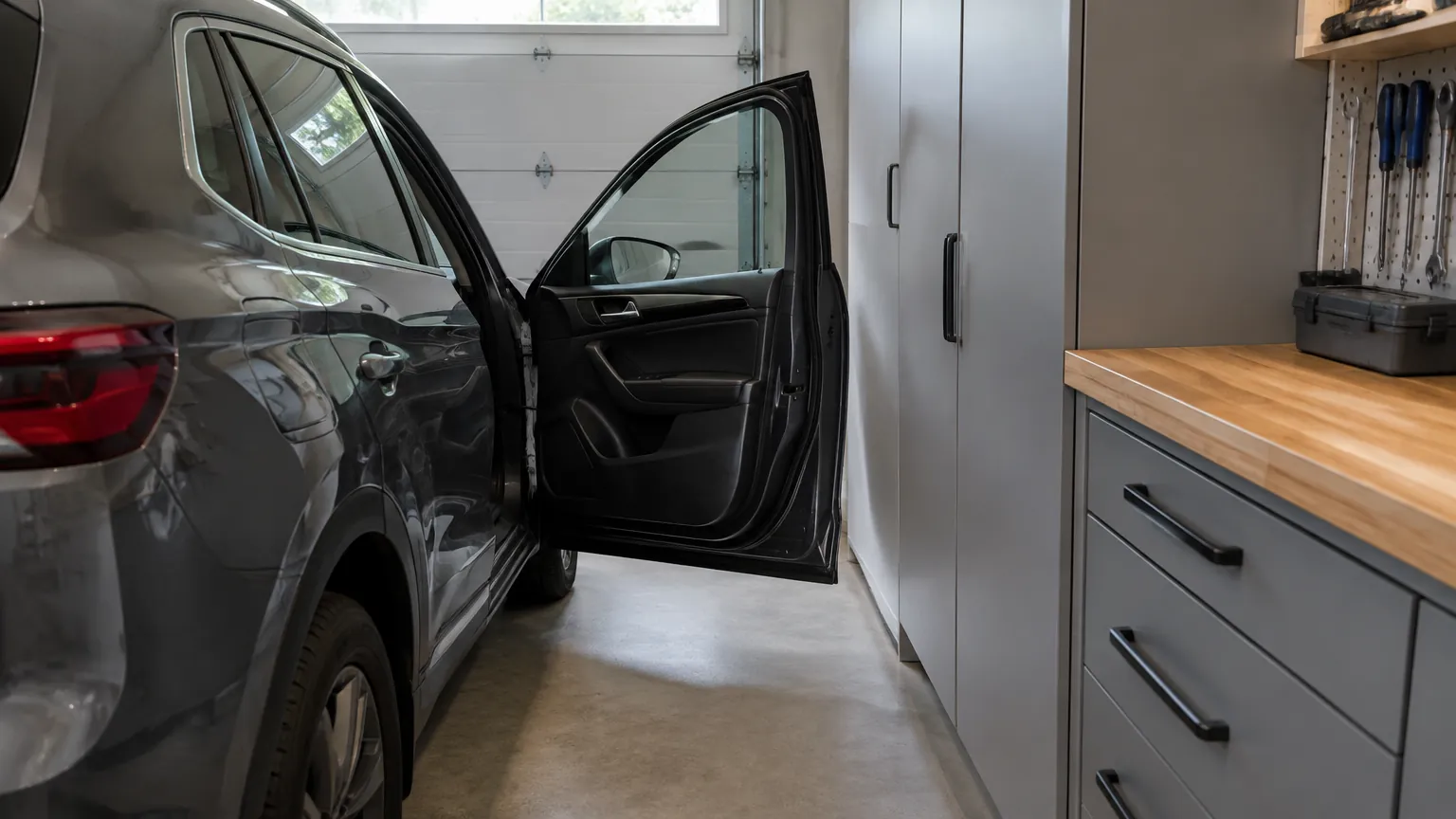Pintu mobil terbuka dekat kabinet garasi