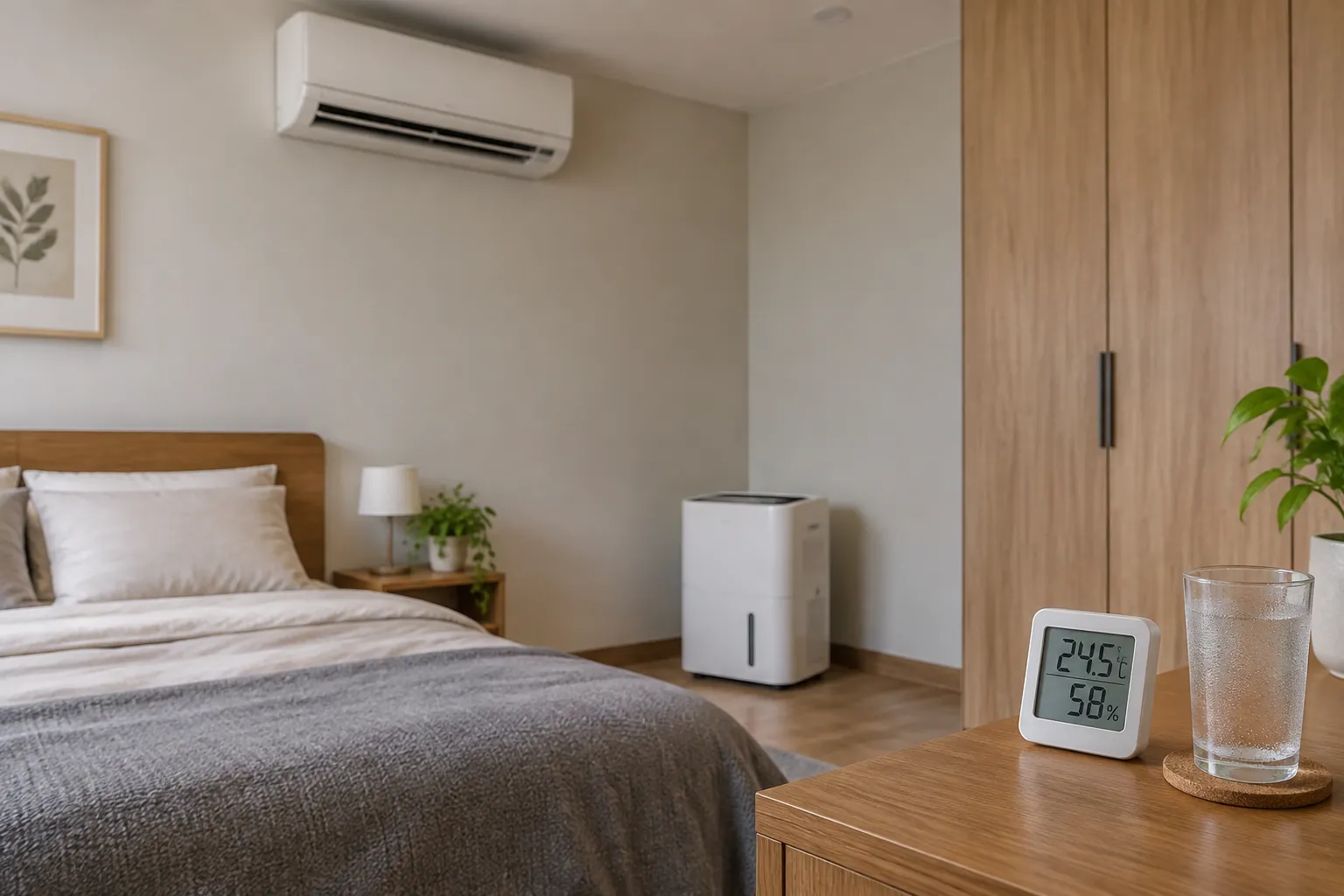 Alat ukur suhu dan kelembapan di meja dekat tempat tidur