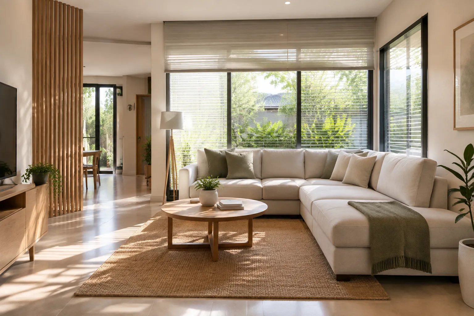 Sofa sudut berada dekat jendela dengan jalur kosong di sisi ruang