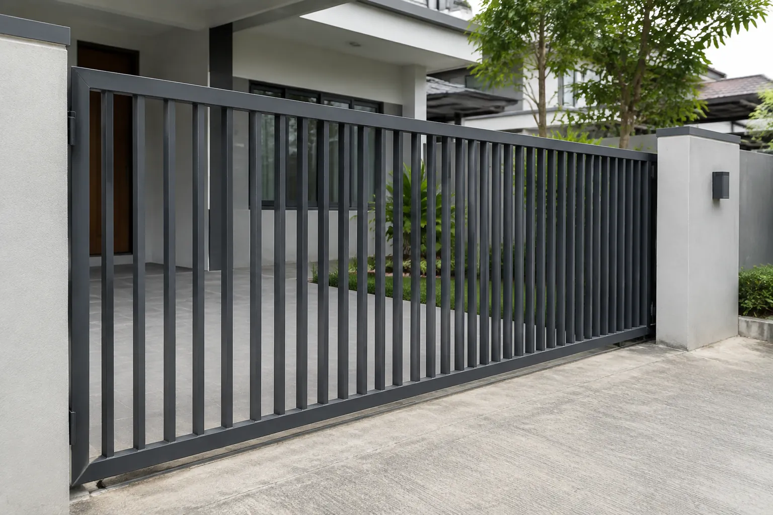 Pagar rumah dengan bilah logam vertikal