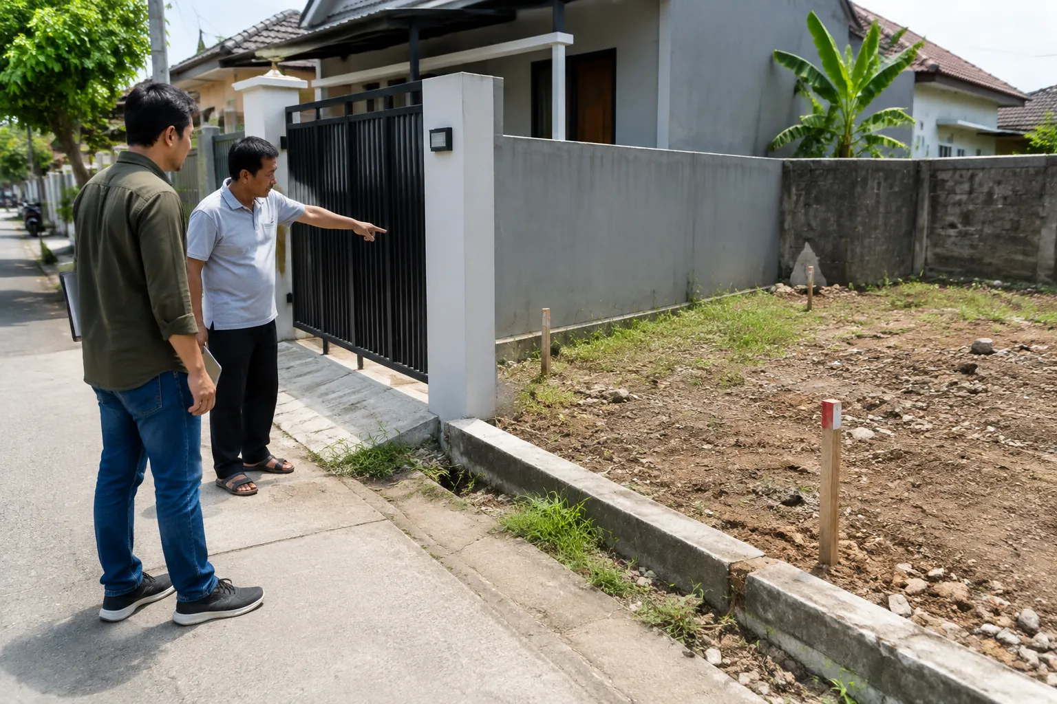 Dua orang mengamati lokasi pagar dan gerbang di tepi lahan