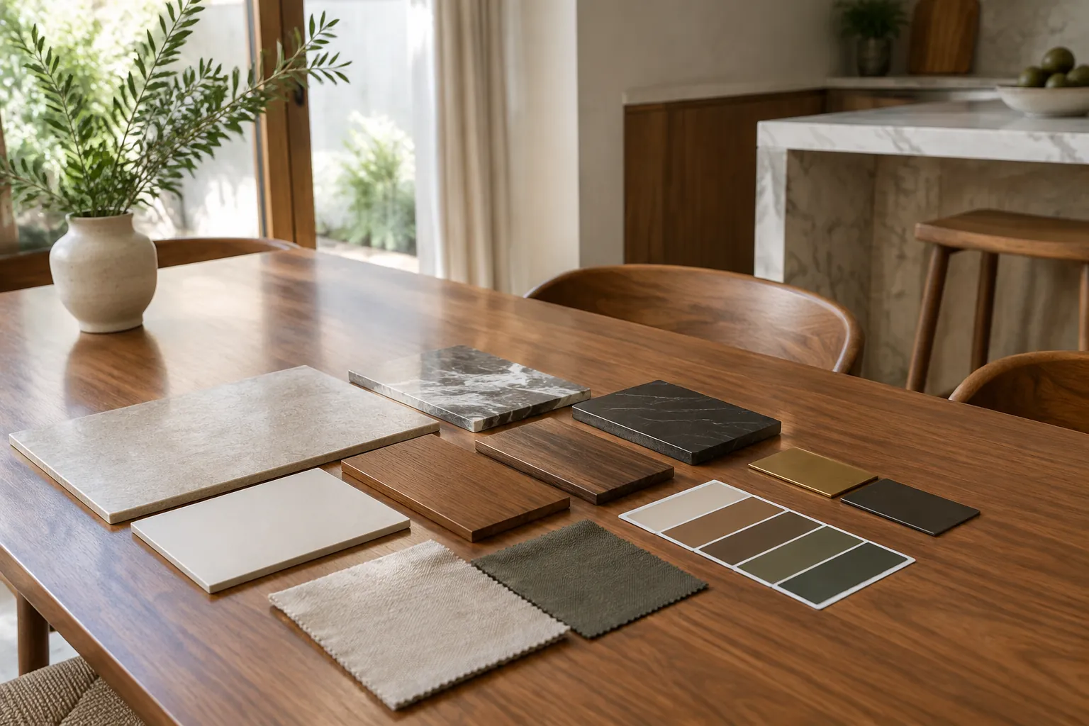 Pilihan warna dan bahan furnitur tersusun di meja makan