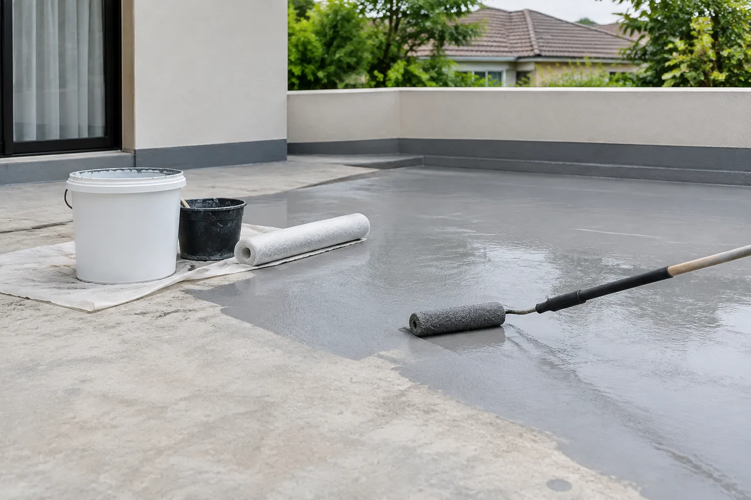 Rol menghamparkan pelapis cair pada permukaan dak beton