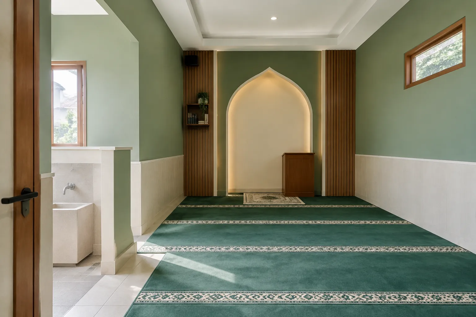 Mushola kecil dengan dinding hijau dan area wudu di samping
