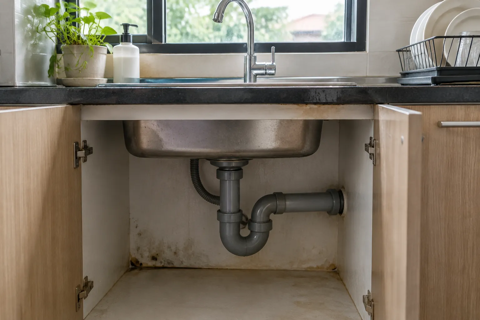 Kabinet bawah wastafel dapur dengan pipa dan noda pada dinding