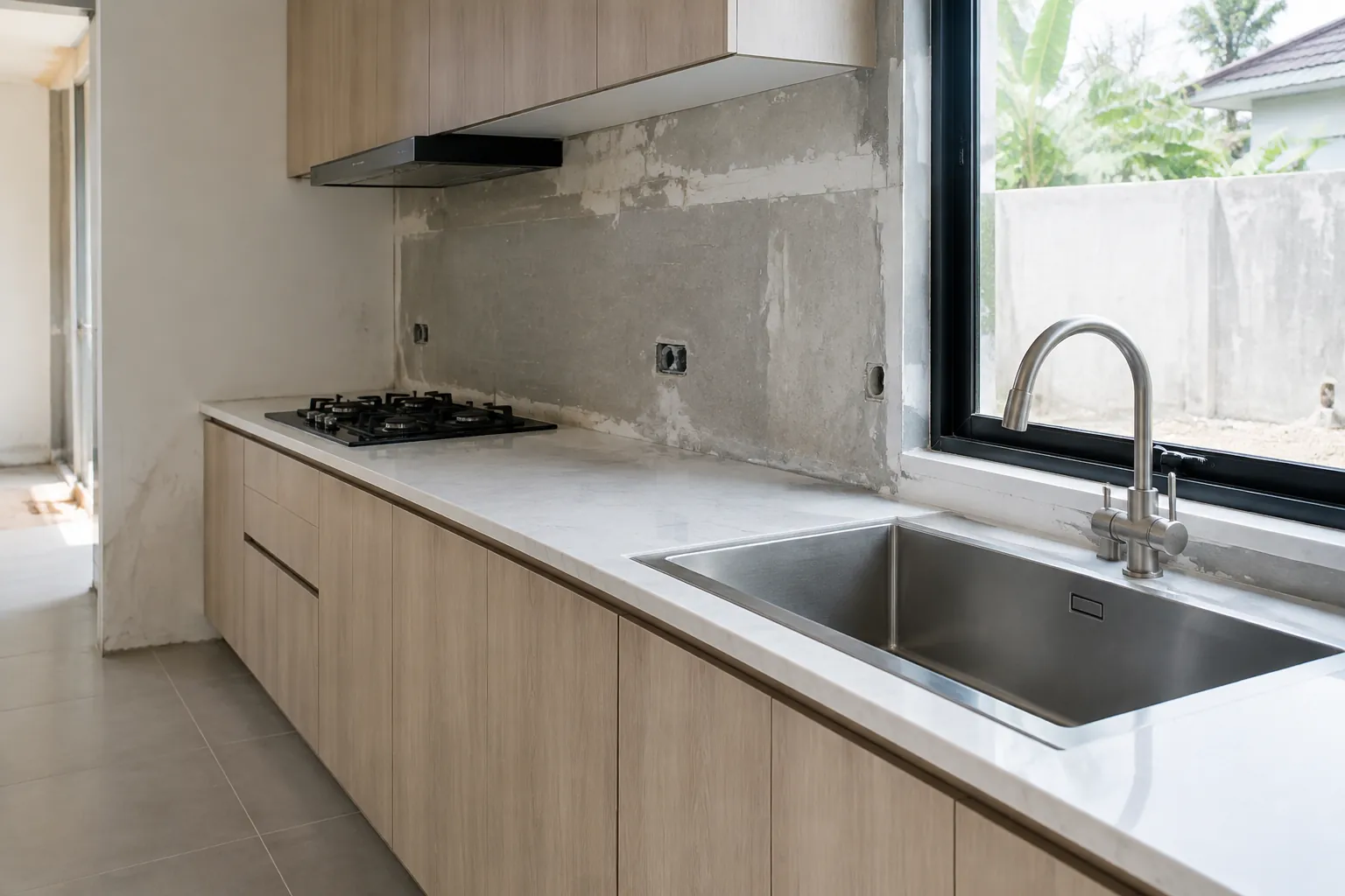 Area bak cuci pada dapur setengah jadi dengan dinding belum selesai