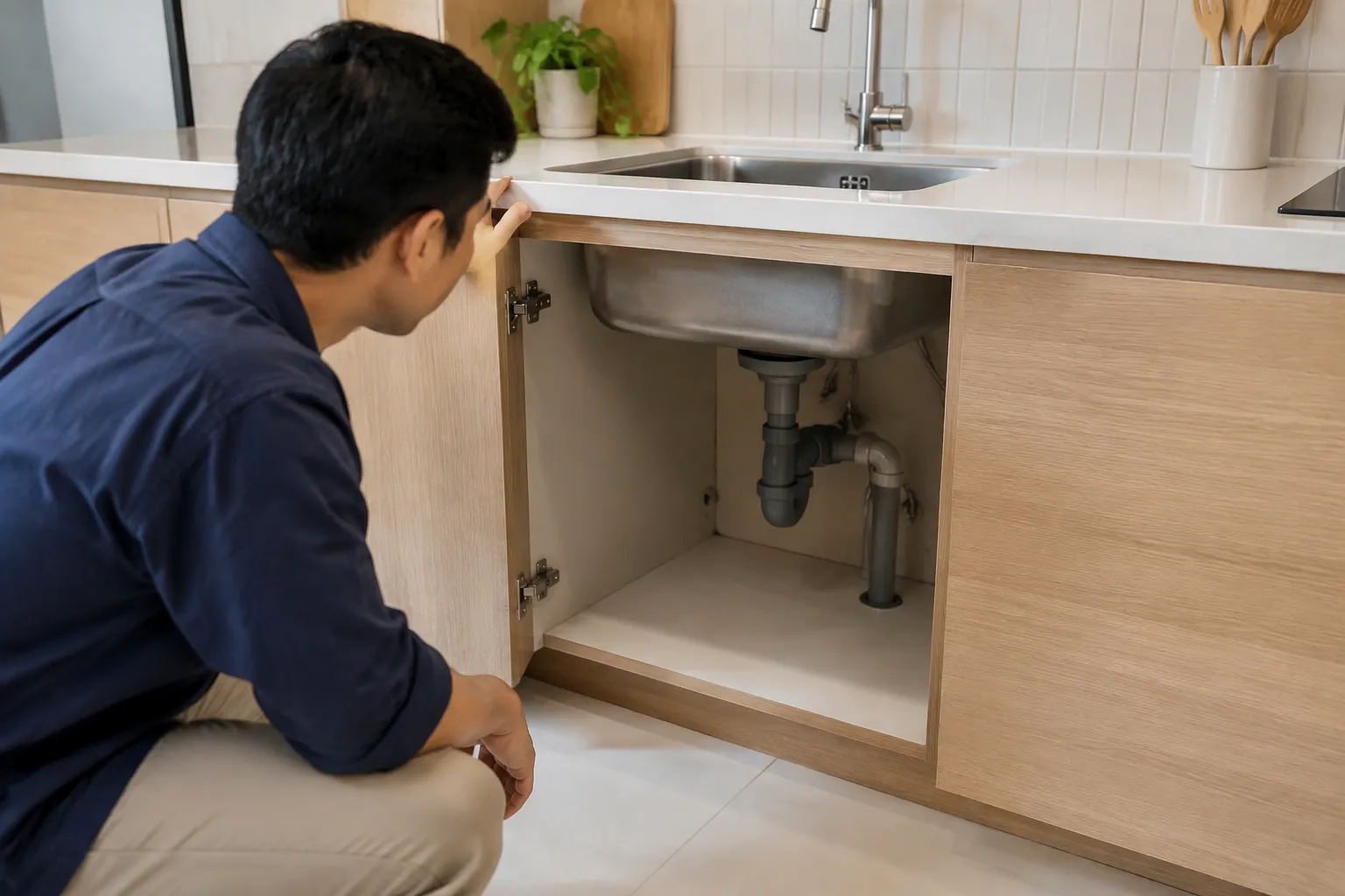 Seseorang memeriksa bagian bawah wastafel kitchen set