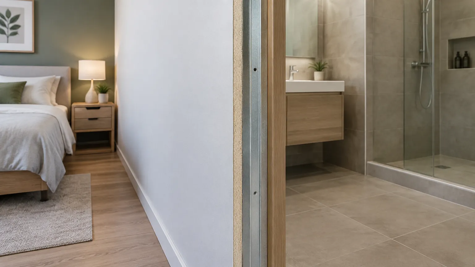 Partisi kayu membagi kamar tidur dan area kamar mandi