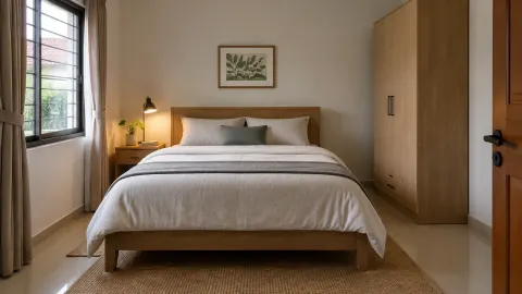 Kamar tidur sederhana dengan tempat tidur, nakas berlampu dan lemari kayu.
