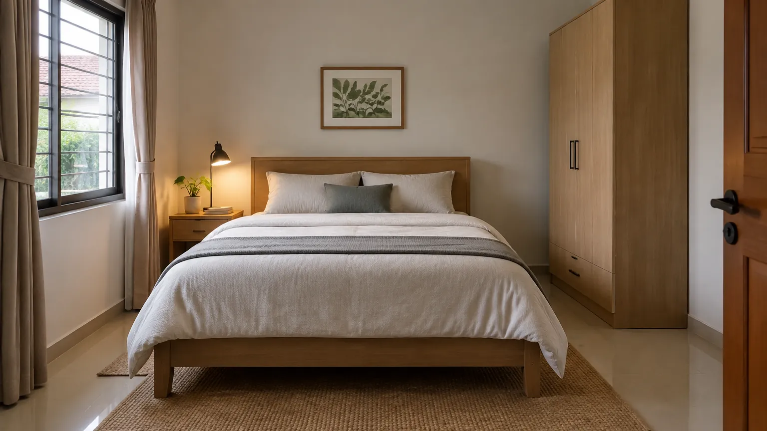 Kamar tidur sederhana dengan tempat tidur, nakas berlampu dan lemari kayu.