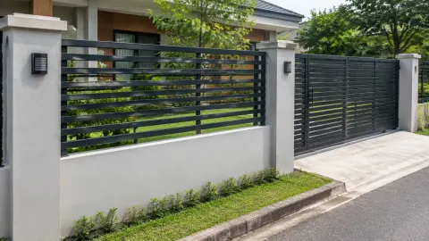 Pagar logam dan gerbang pada halaman rumah
