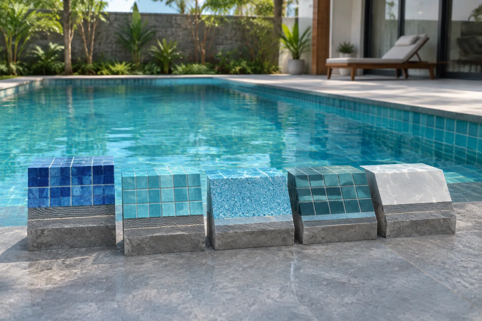 Sampel mosaik dengan beberapa warna ditampilkan di tepi kolam