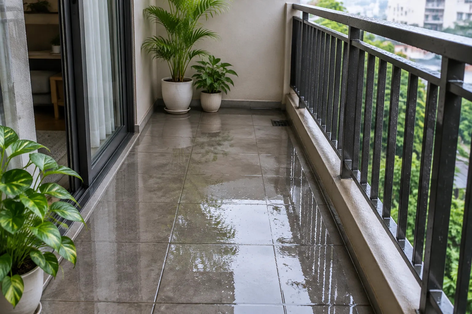 Genangan di dekat saluran tepi balkon