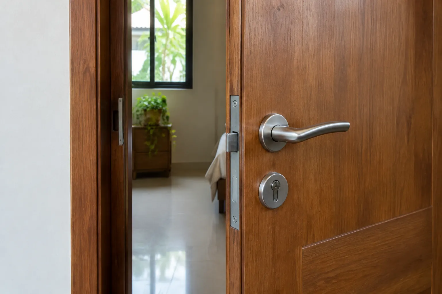 Gagang dan sisi daun pintu kayu diperiksa saat pintu terbuka