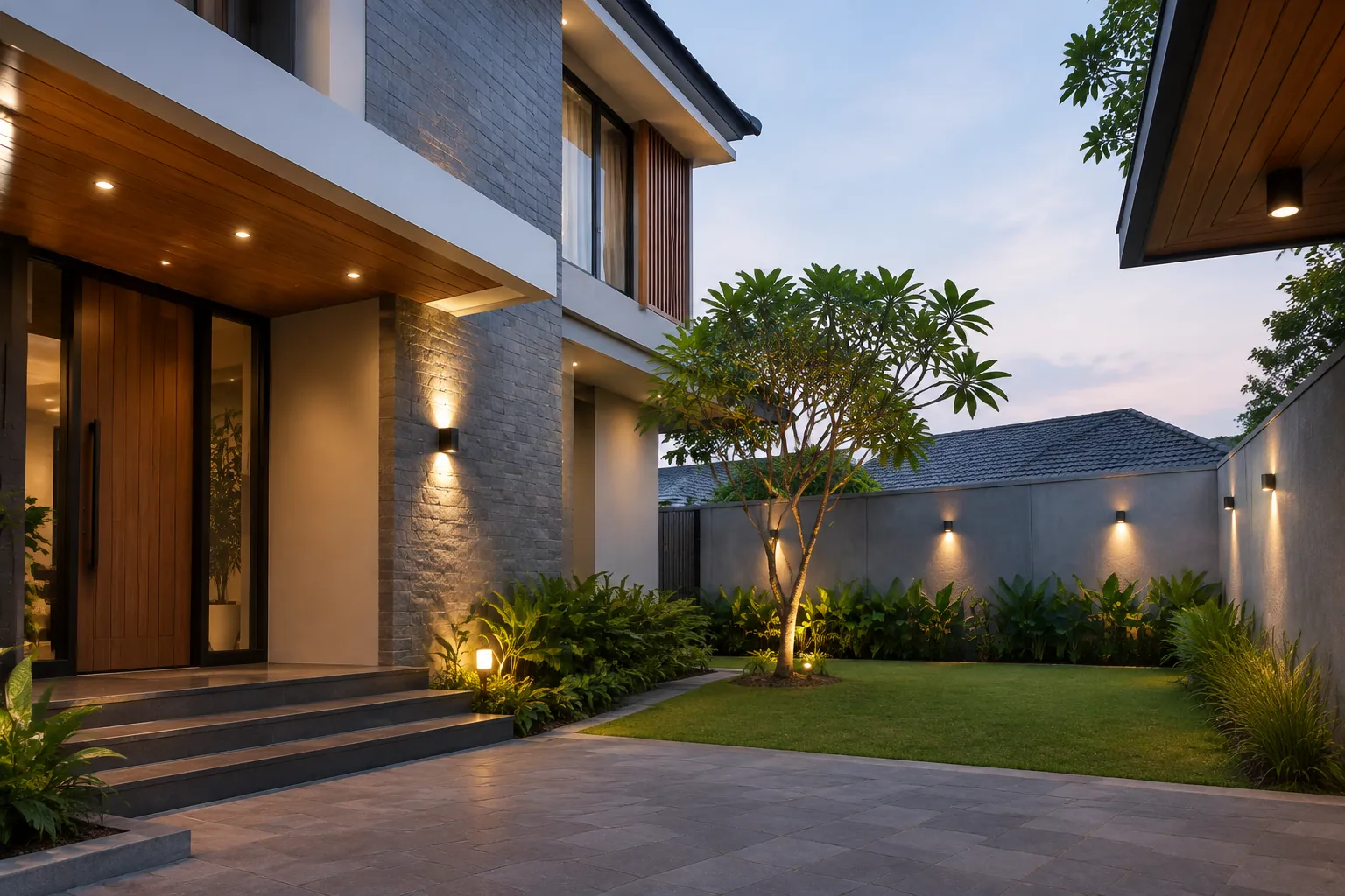 Rumah dua lantai dengan lampu luar menyinari fasad dan halaman