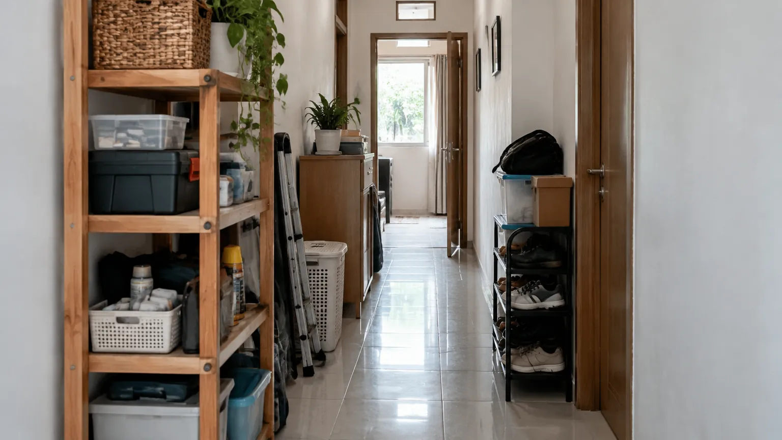 Lorong sempit dengan rak dan barang di kedua sisi
