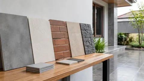 Contoh bata, panel, dan batu di meja depan dinding rumah