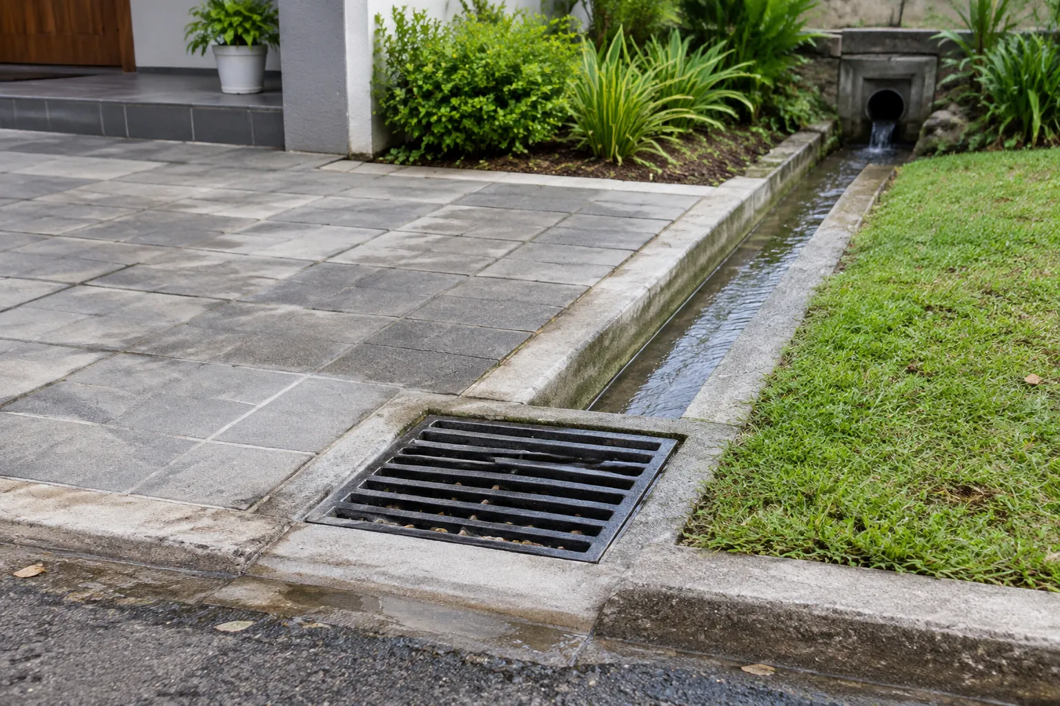 Saluran halaman menghubungkan area paving dan inlet berkisi