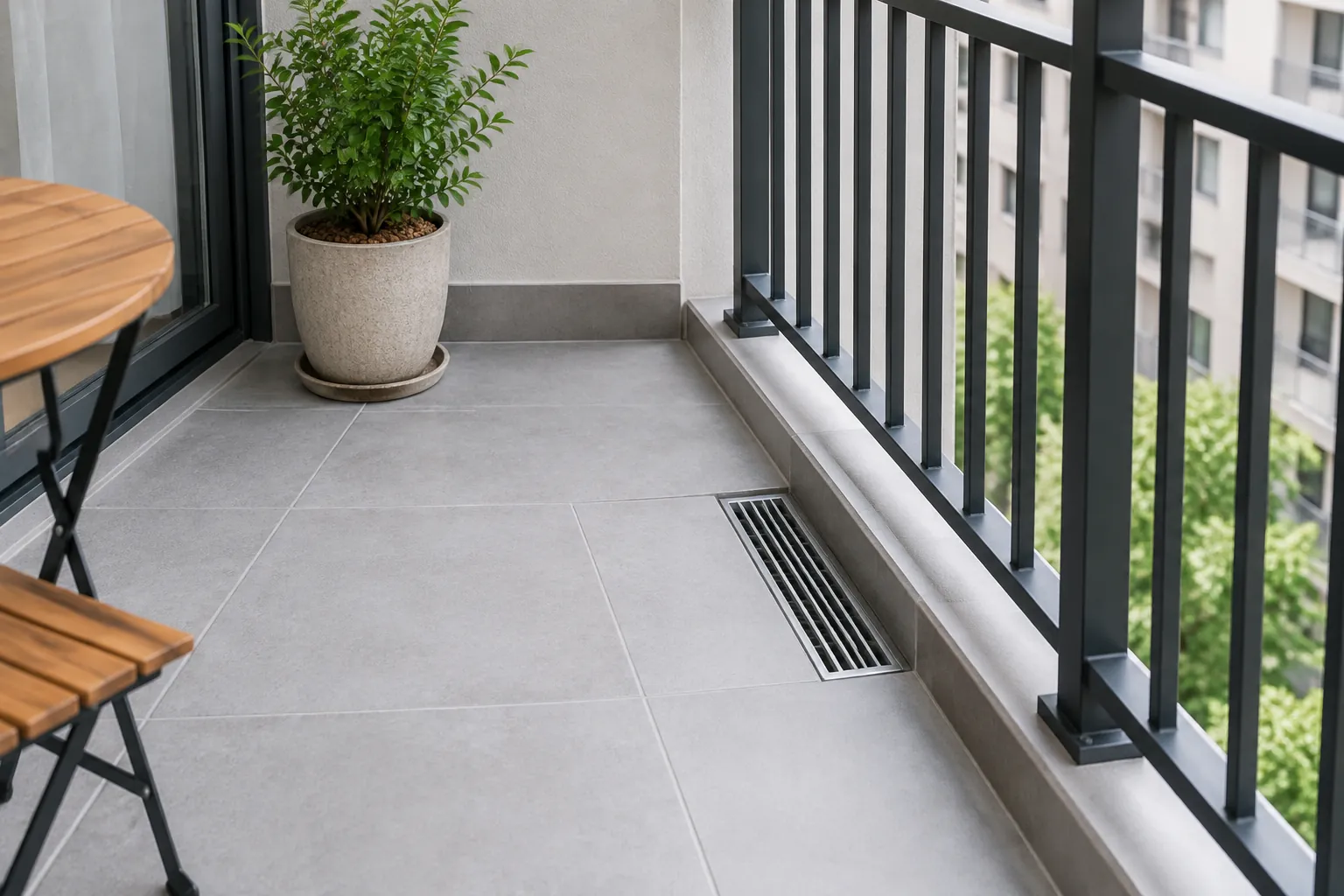 Lantai balkon dengan drainase memanjang di sisi pagar