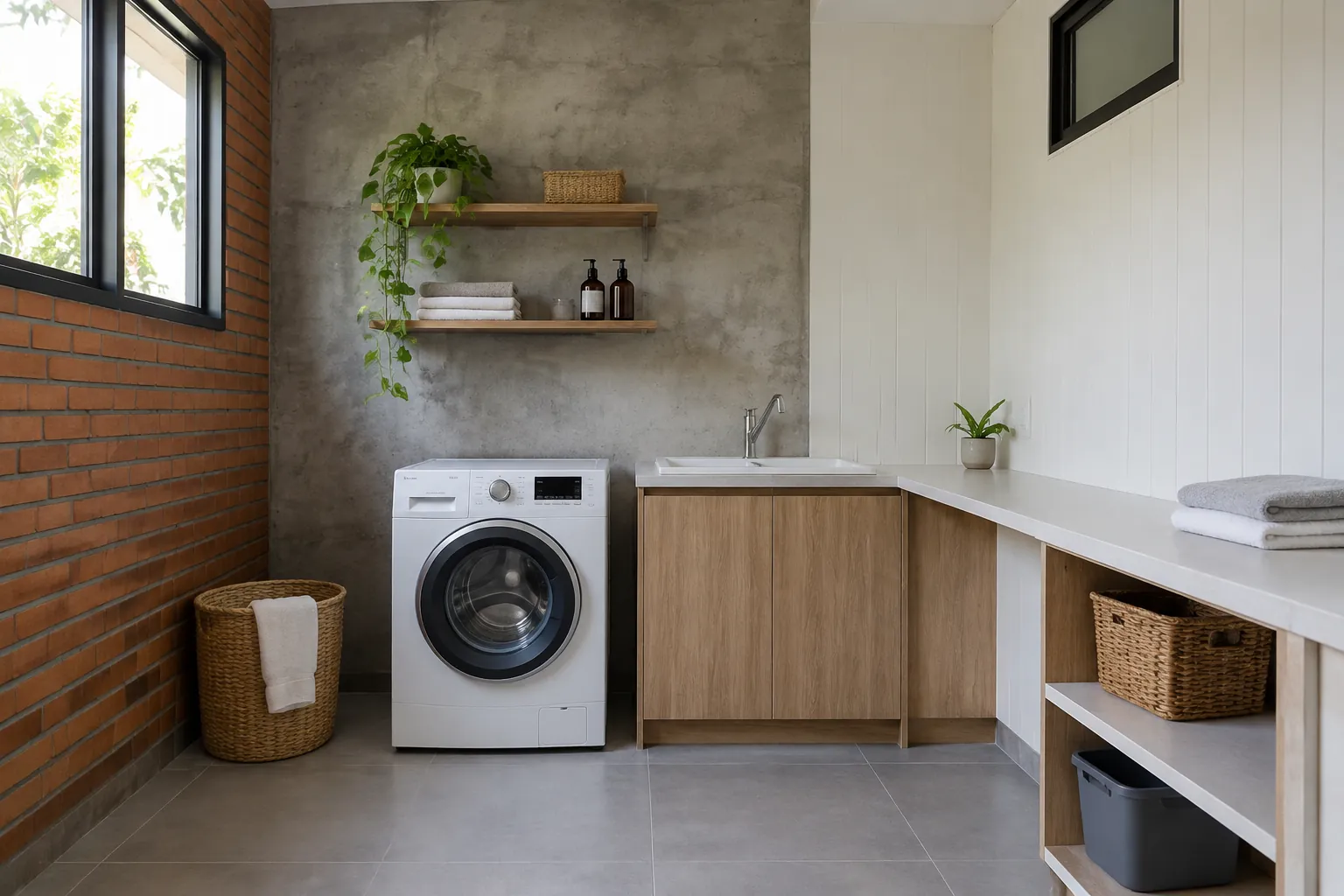 Ruang laundry dengan dinding bata dan bidang plester