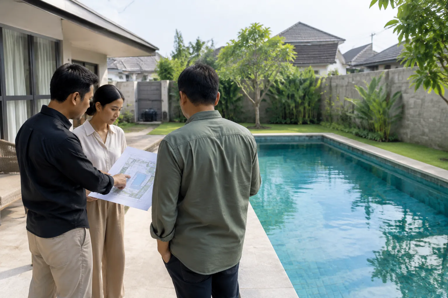 Beberapa orang meninjau gambar rencana di tepi kolam rumah