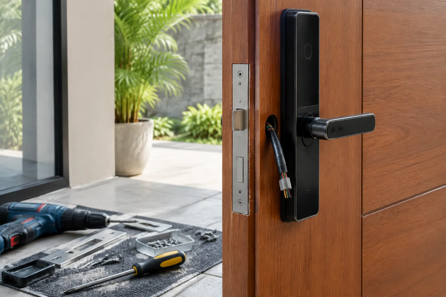 Perangkat kunci elektronik terpasang pada pintu kayu