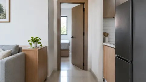Koridor rumah sempit dengan beberapa pintu menuju kamar