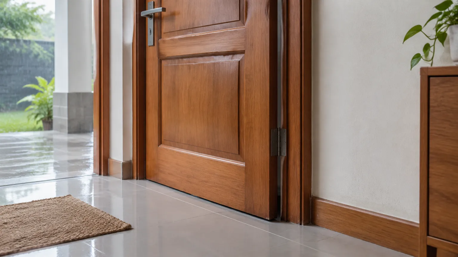 Pintu kayu dengan tepi bawah dekat lantai