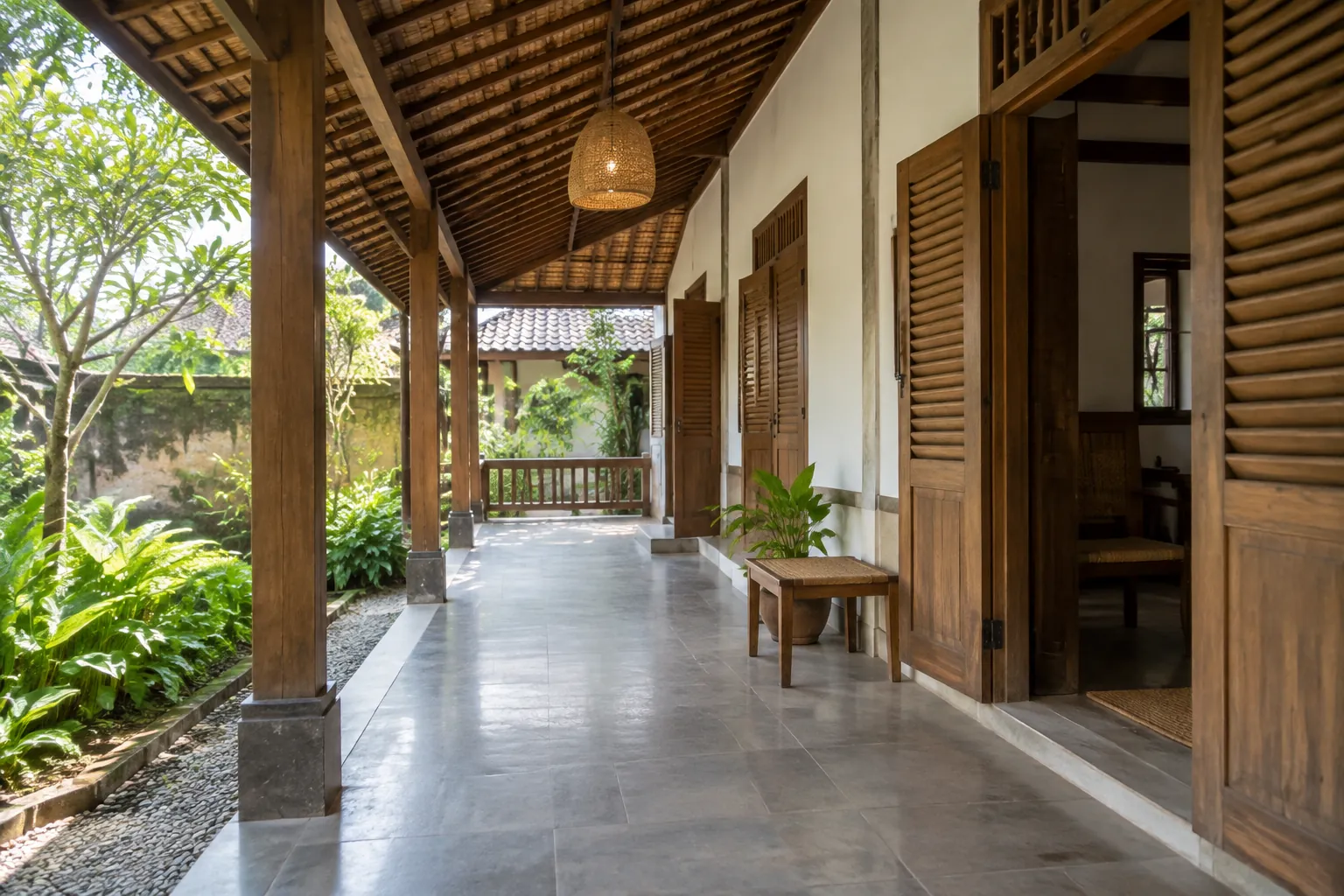 Koridor rumah tradisional terbuka ke halaman dengan atap kayu dan kisi jendela