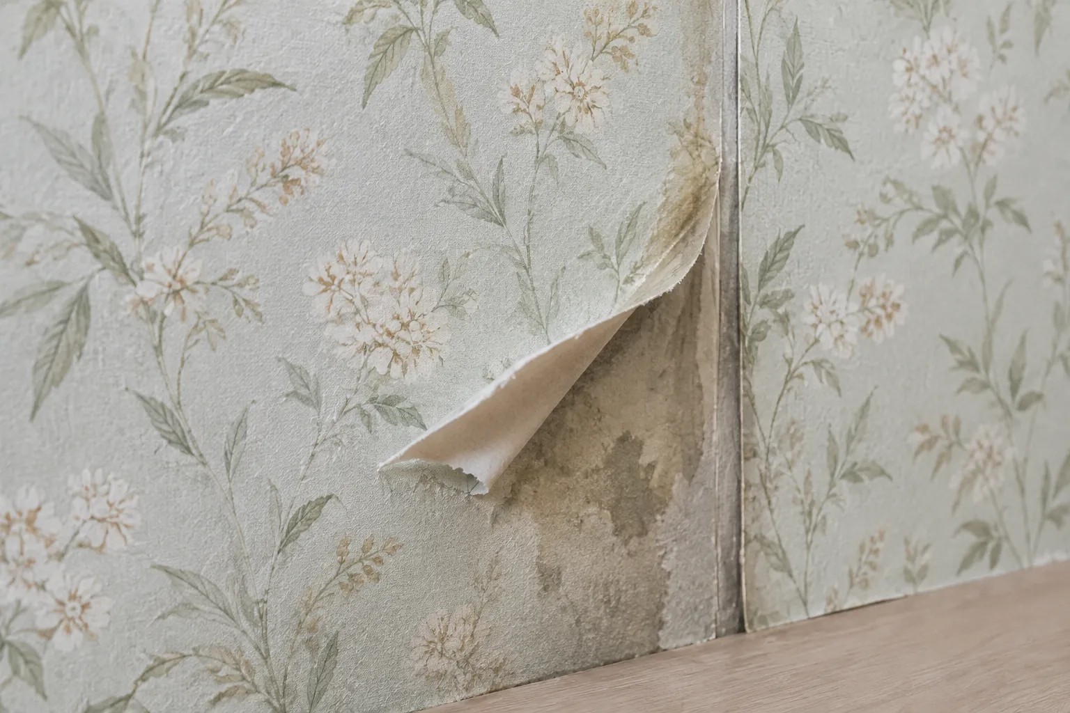 Wallpaper bermotif daun terkelupas pada sambungan dinding