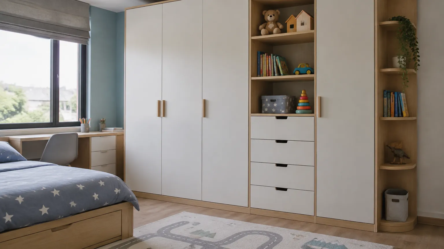 Kamar anak dengan lemari tertutup, laci, dan rak terbuka