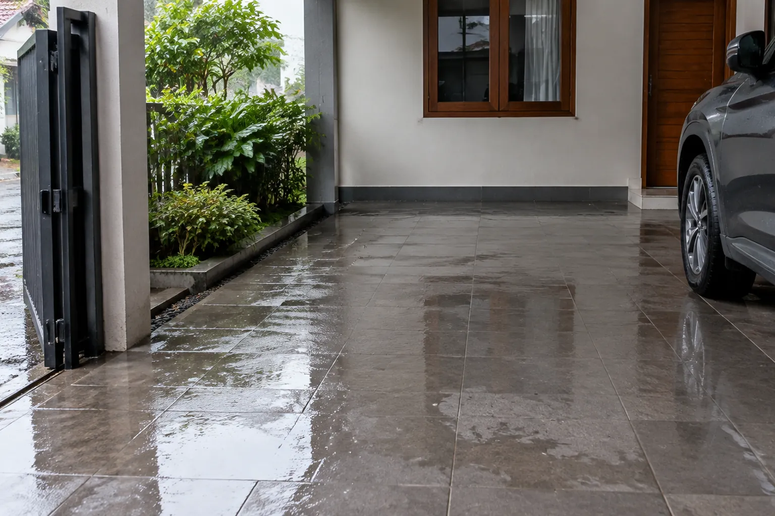 Lantai carport basah di dekat mobil