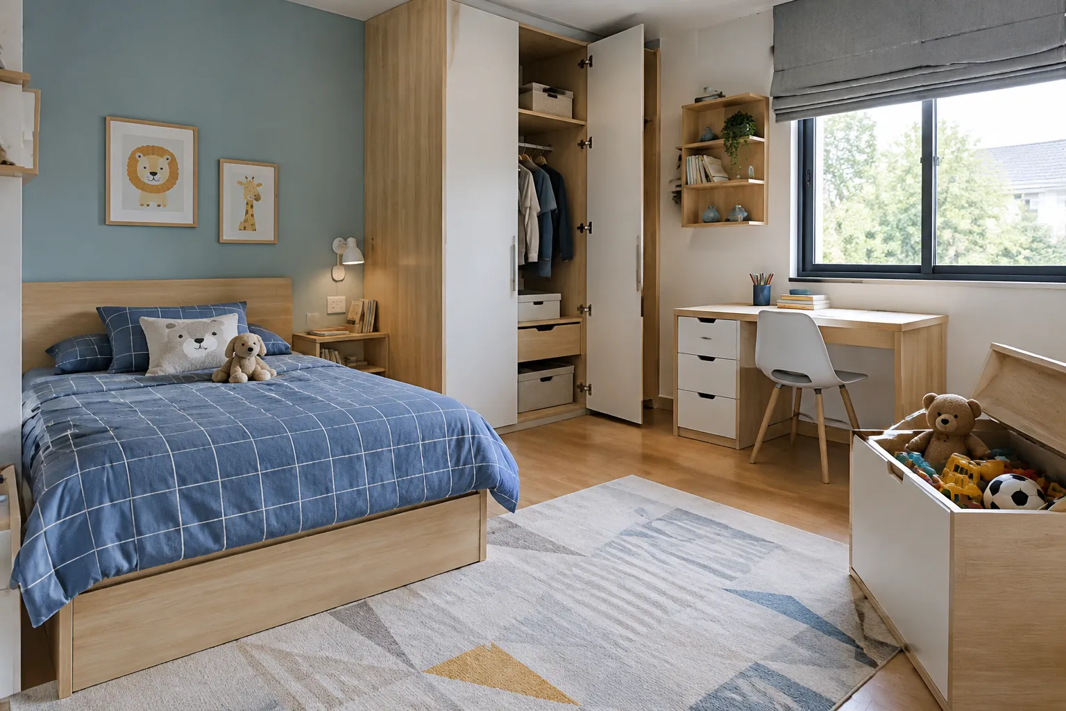 Tempat tidur, lemari, dan meja anak mengisi kamar