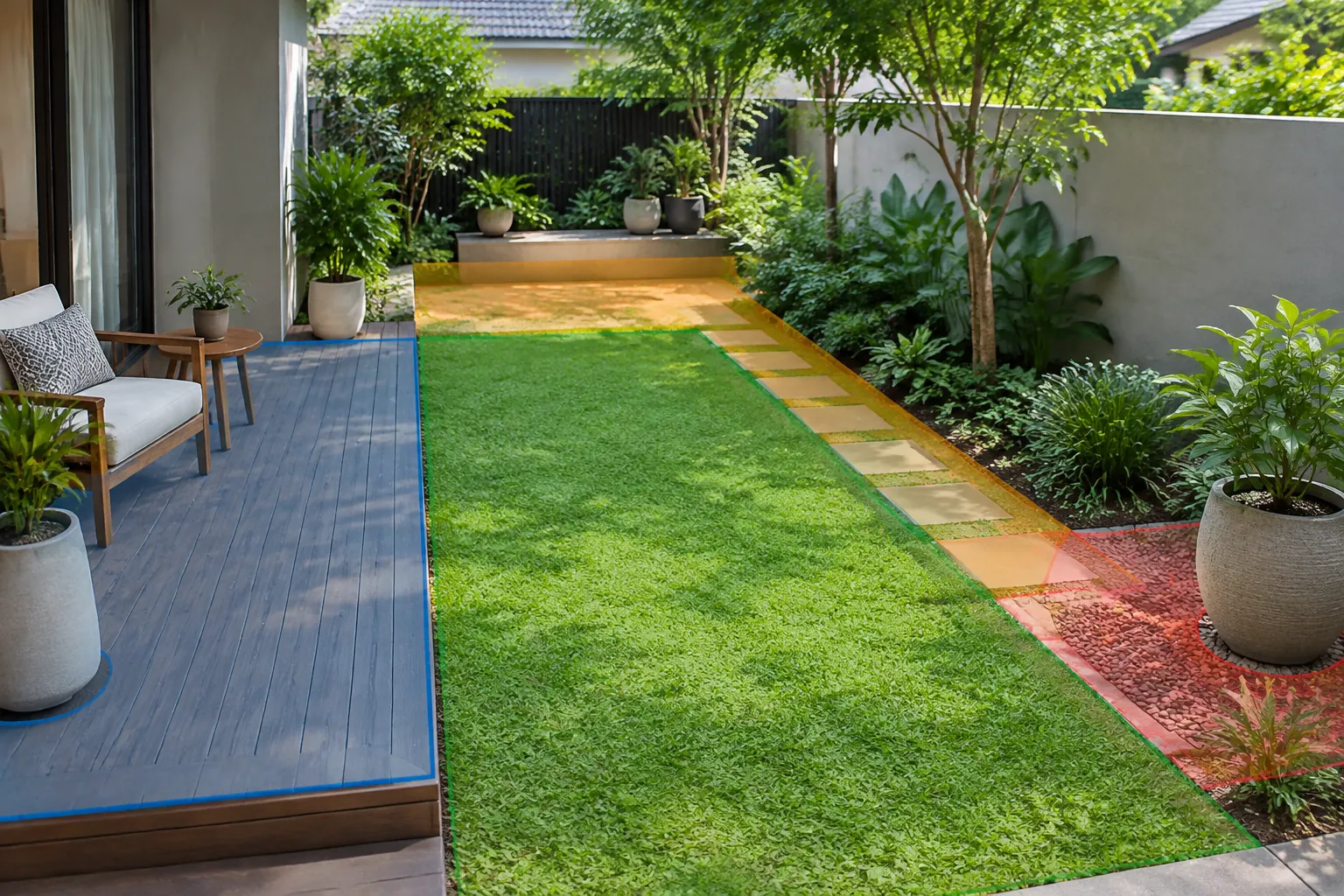 Jalur taman melintasi hamparan rumput.