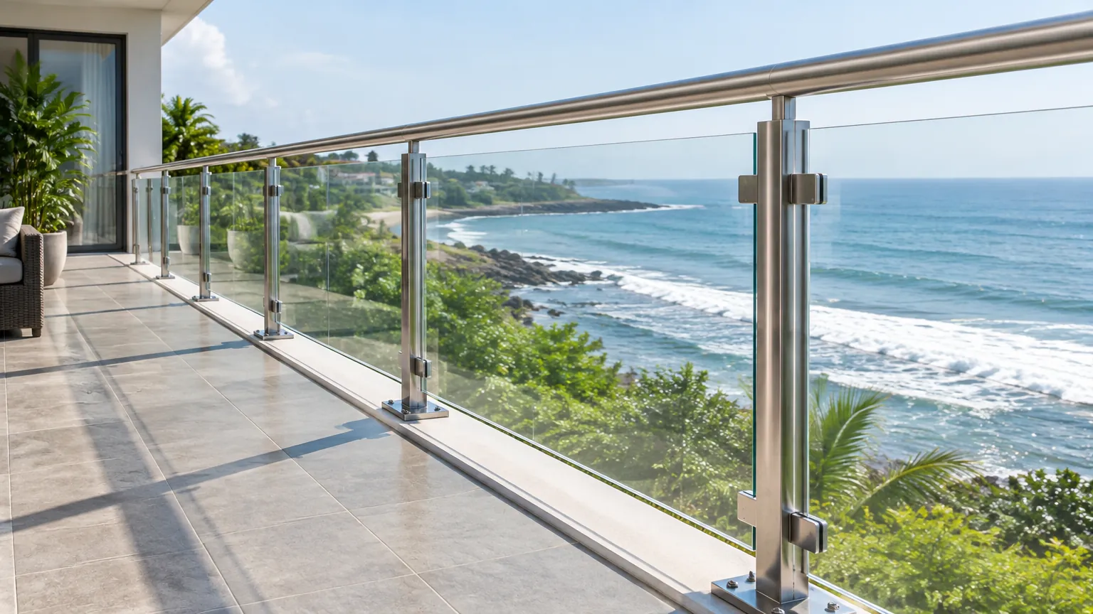 Railing kaca pada balkon rumah di dekat laut