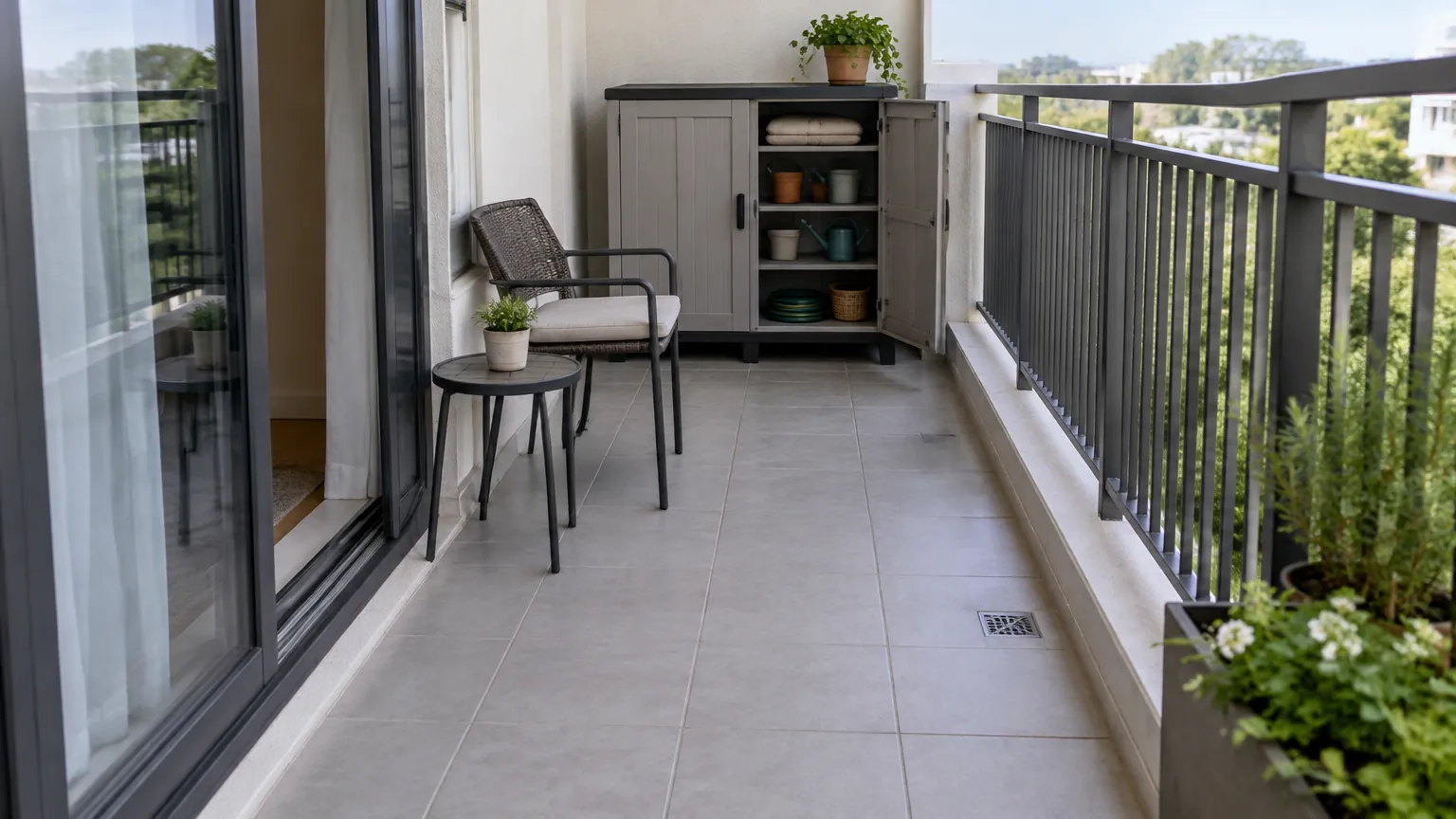 Balkon kecil dengan kursi dan lemari penyimpanan