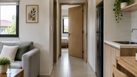Pintu kamar di ujung ruang sempit dekat dapur