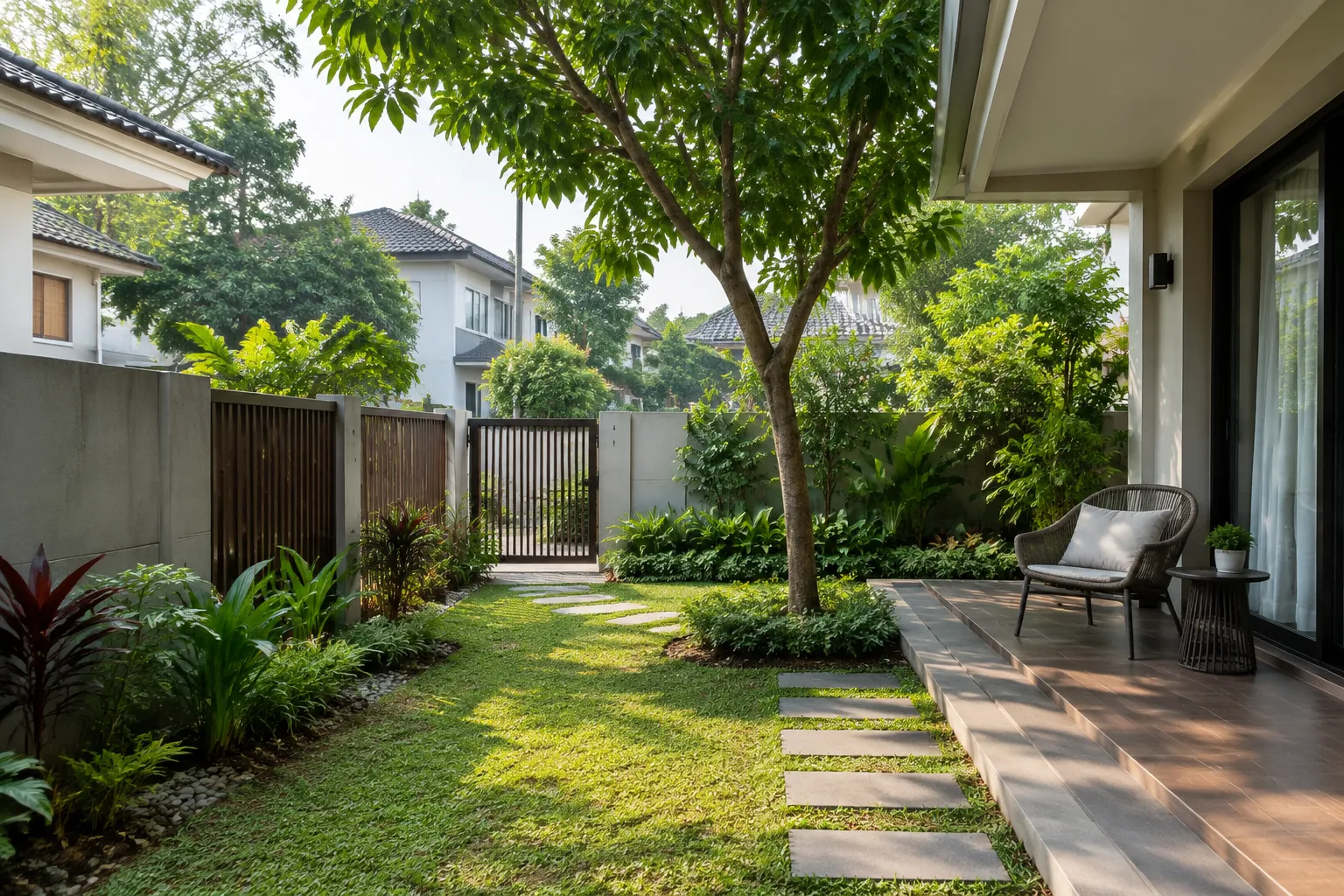 Taman rumah dengan jalur masuk, pepohonan, dan area teras