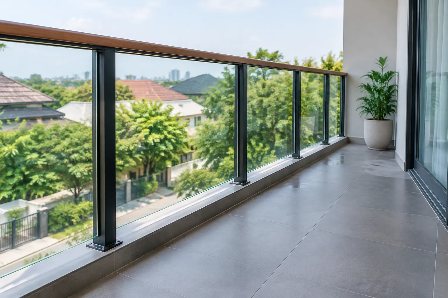 Pagar kaca balkon terlihat utuh pada kondisi awal