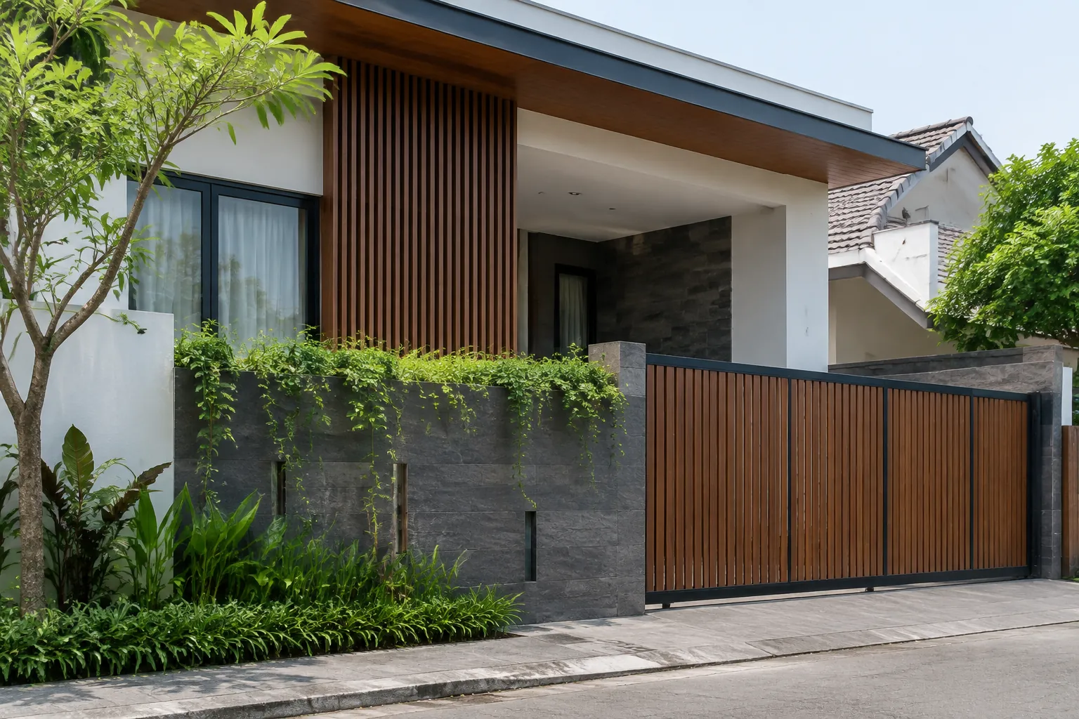 Gerbang kayu dan bilah peneduh pada fasad rumah