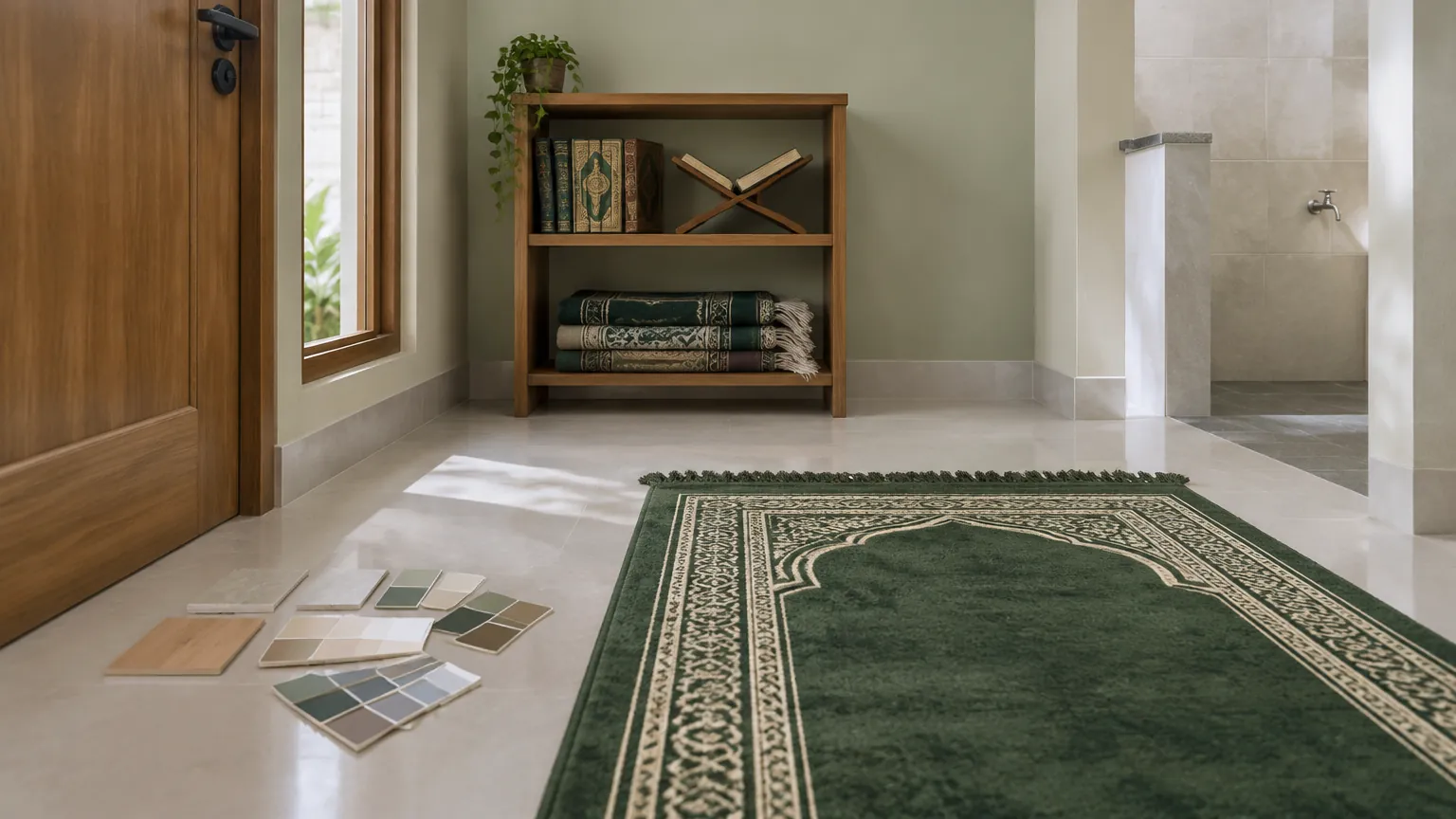 Sampel warna di dekat karpet salat hijau dalam musala