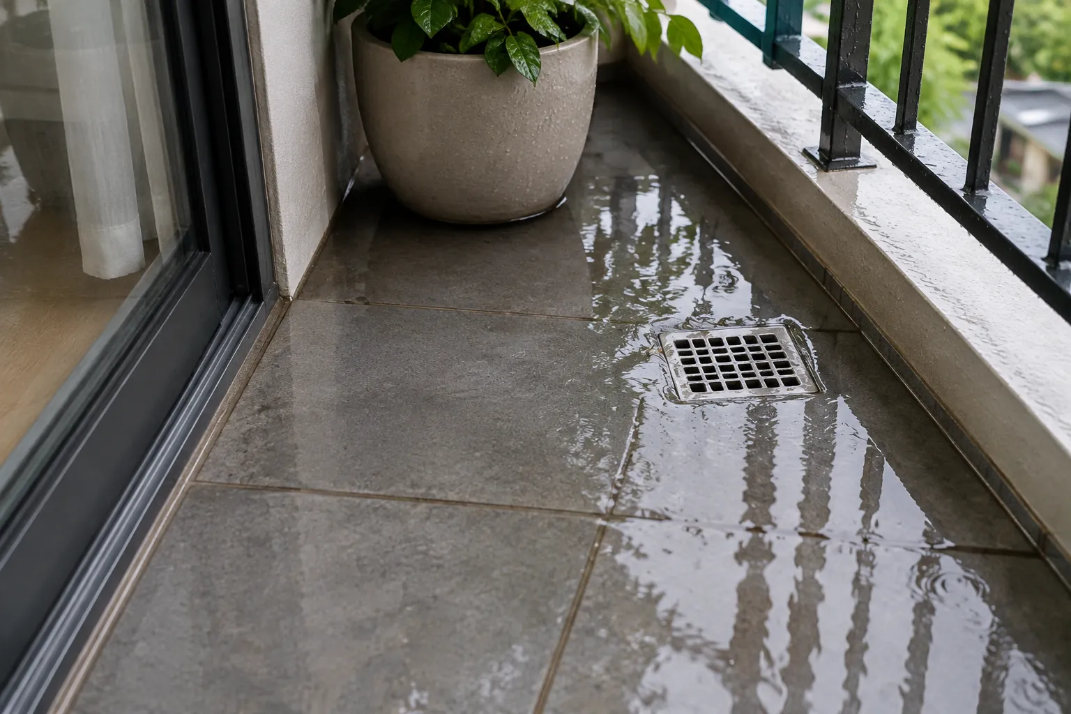 Air menggenang di lantai balkon dekat kisi saluran