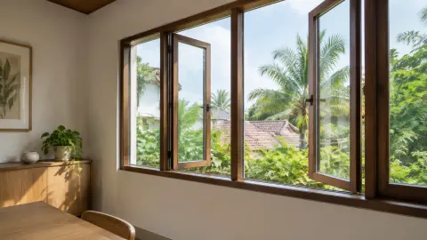 Deretan jendela kayu terbuka menghadap pepohonan tropis