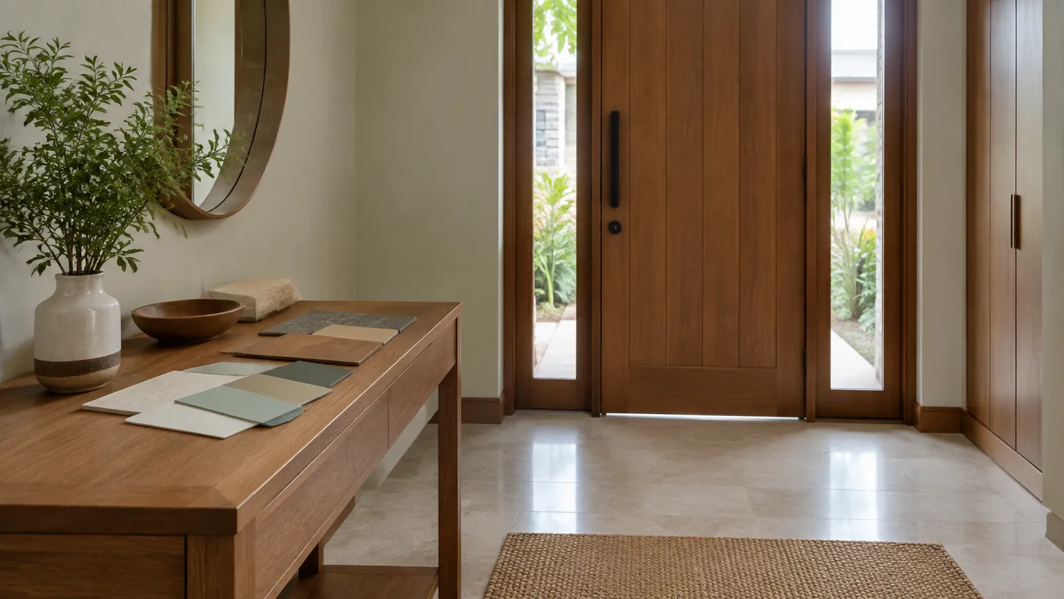 Area masuk rumah dengan meja konsol dan pintu kayu
