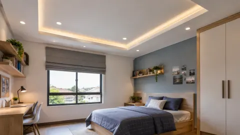 Plafon bertingkat dengan lampu di kamar remaja