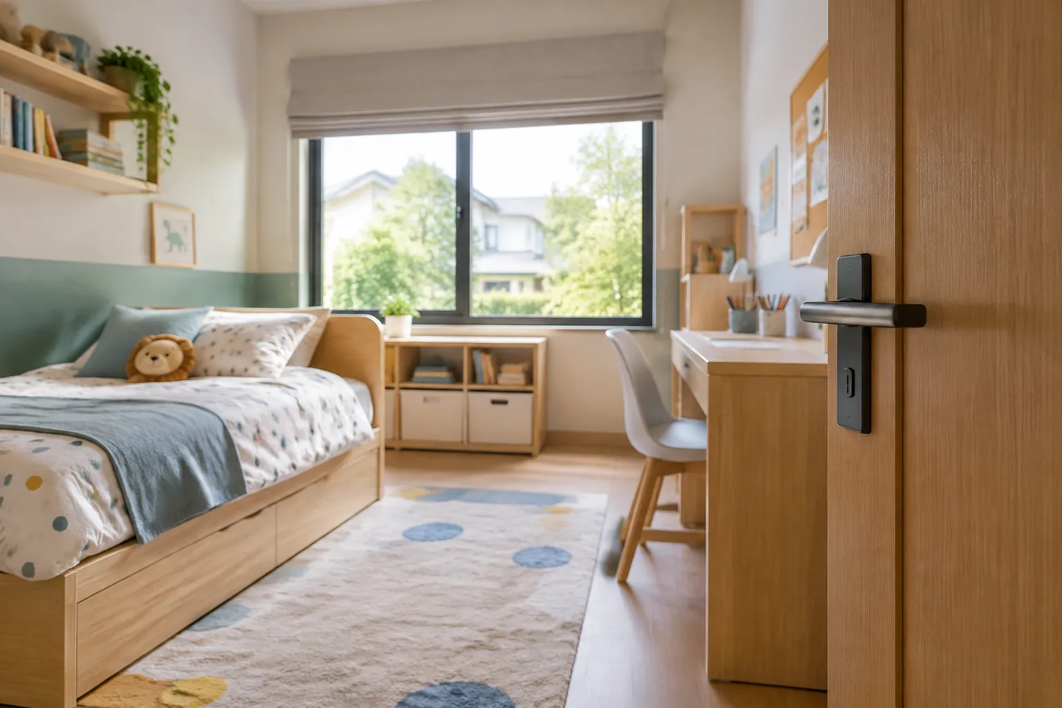 Pintu masuk kamar anak dan area tempat tidur terlihat dalam satu ruang